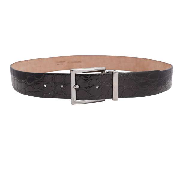 Crocodile Leather belt with silver metal buckle in white and black by DOLCE & GABBANA