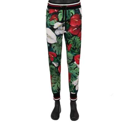 Flower Leaf Jogging Pants Red Green Black 46 US 36 S