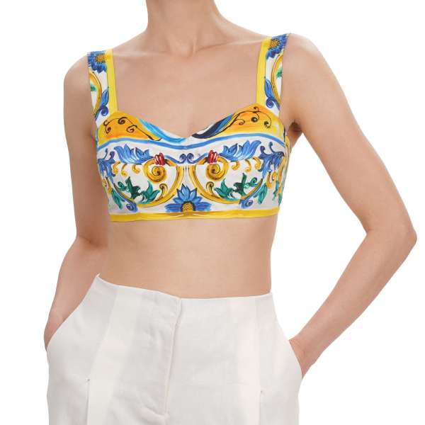 Poplin Baumwolle Majolika Print Bustier Korsett Top in Gelb, Blau und Weiß von DOLCE & GABBANA