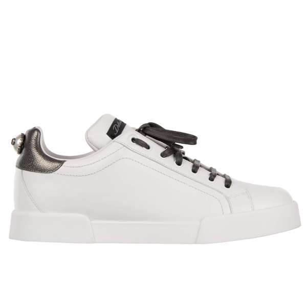  Leather Sneaker PORTOFINO with DG Pearl on the back in silver and white by DOLCE & GABBANA
