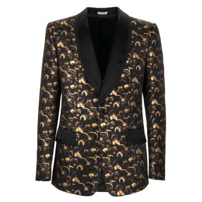 Feather Jacquard Blazer Tuxedo Jacket Gold Black