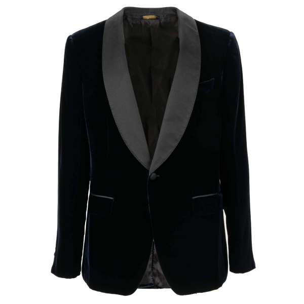 Velvet blazer with shawl lapel and pockets in black and dark blue by DOLCE & GABBANA