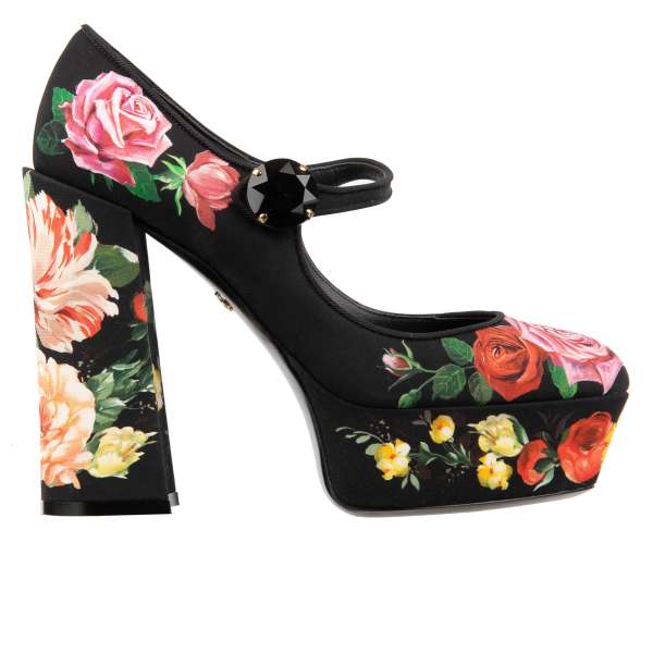 Leather and Fabric Plateau High Heel Pumps VALLY with roses print and crystal brooch buckle in pink, yellow and black by DOLCE & GABBANA