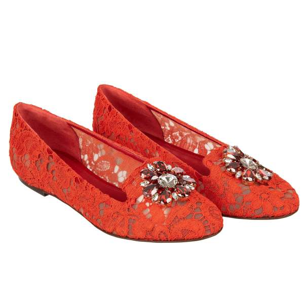 Taormina Floral Lace Flats VALLY in red with crystal brooch by DOLCE & GABBANA