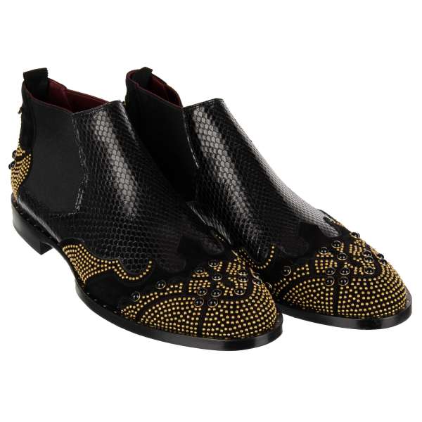 Ankle Boots Shoes NAPLES made of snake and goat leather with pearls and studs in gold and black by DOLCE & GABBANA
