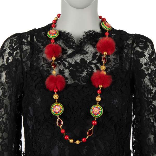 Necklace with filigree details, cake pendants, crystals and fur elements in gold by DOLCE & GABBANA