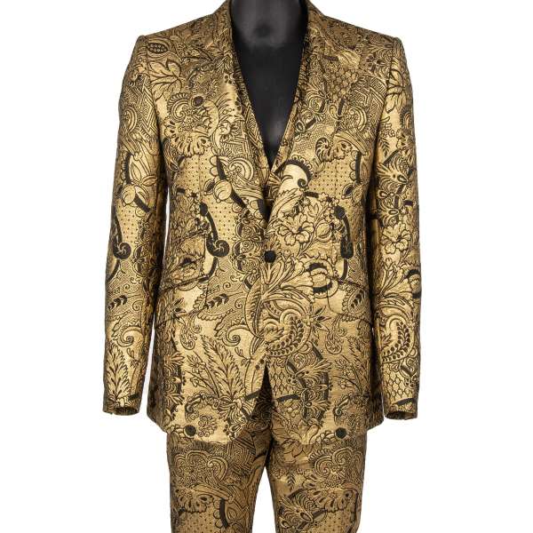 Flower Jacquard 3 piece suit with peak lapel in gold and black by DOLCE & GABBANA 