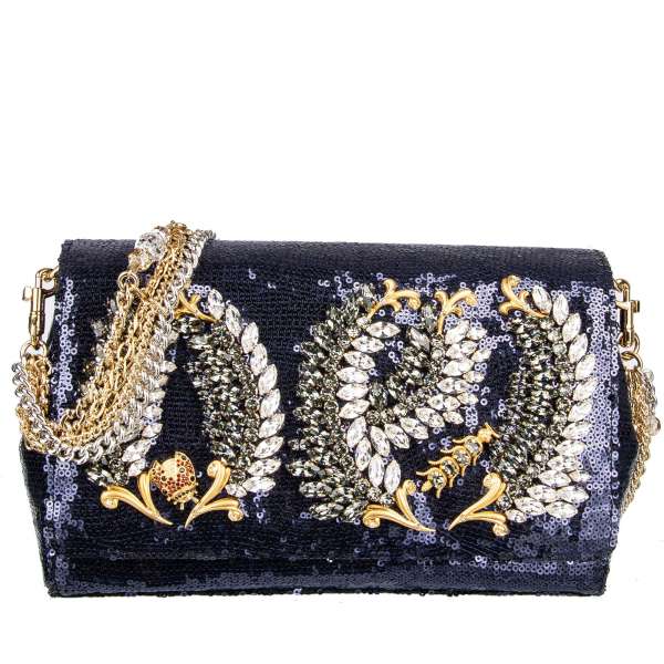 Sequined and jeweled shoulder bag ANNA with crystals, bugs, metal elements and beaded chain strap by DOLCE & GABBANA