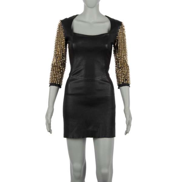 Short and stretch leather dress BEAUTIFUL LIKE YOU with embellished studs sleeves in black by PHILIPP PLEIN