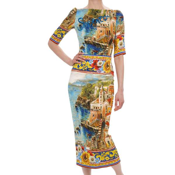 Sorrento and Carretto print fitted silk dress with sequin embroidery in red, blue and yellow by DOLCE & GABBANA 