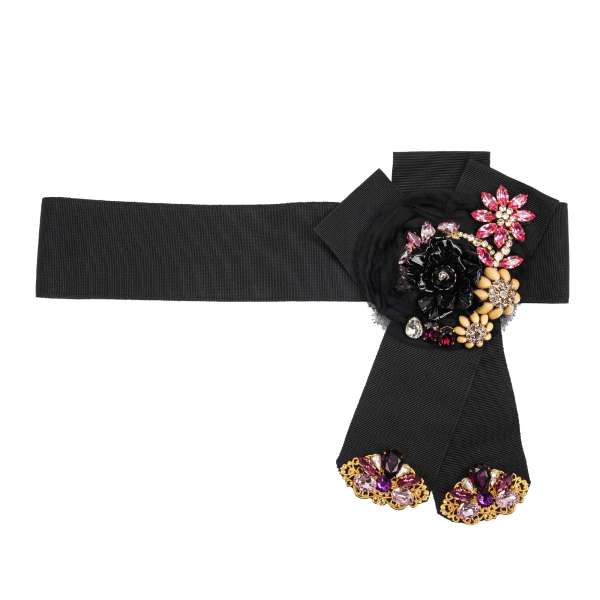 Belt for dress with crystal and brass flower brooches and ribbon applications in black and gold by DOLCE & GABBANA SARTORIA