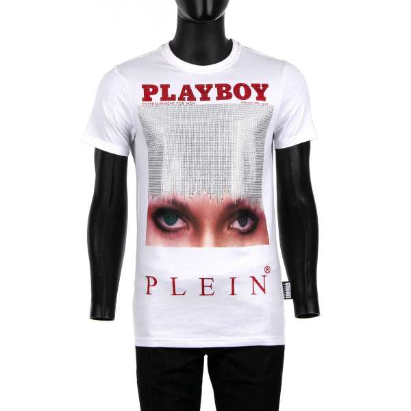 T-Shirt mit Magazin Cover Print von Iconic Eyes / Candace Jordan und mit Kristallen verziertem' Playboy Plein' Schriftzug auf der Rückseite von PHILIPP PLEIN x PLAYBOY