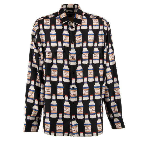Silk shirt with D&G Bacio di Venere Made with Love Bottle print and two front pockets in black and white by DOLCE & GABBANA