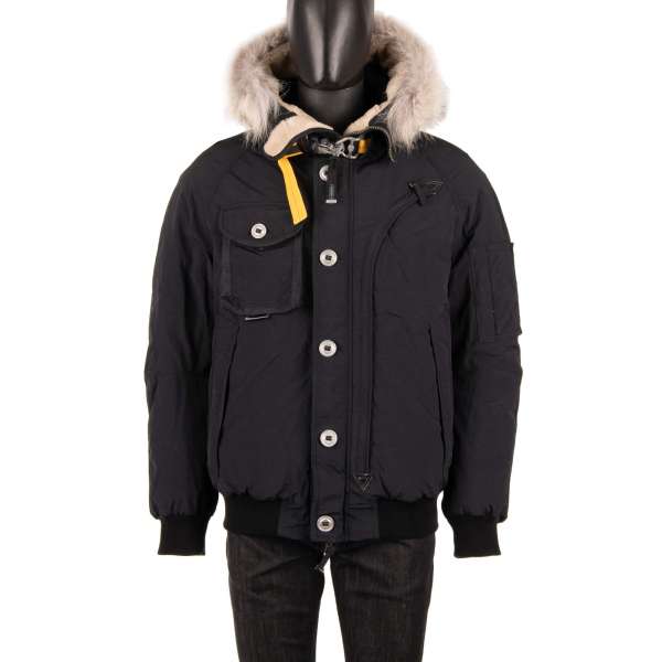 Micro Ottoman Bomber Jacket TRIBE with a down filling, detachable real fur trim, hoody and many pockets in Pencil Black