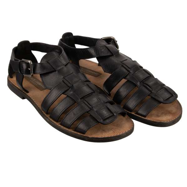Roman style woven leather sandals with buckle in black and brown by DOLCE & GABBANA