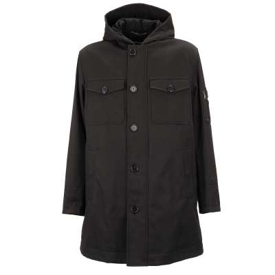 Hooded Canvas Parka Jacket with Pockets and Logo Gray Black 48 M