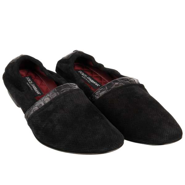 Exclusive Caiman and perforated suede Goat Leather moccasins shoes OTELLO in black by DOLCE & GABBANA