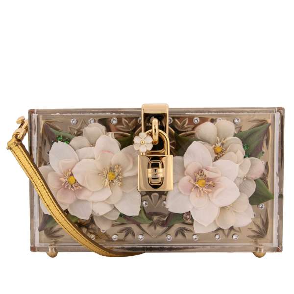 Mit Kristallen beschmückte Schultertasche / Clutch DOLCE BOX aus Plexiglas mit transparenter Vitrine mit Blumen und Kristallen und dekorativem Schloss mit Blume von DOLCE & GABBANA