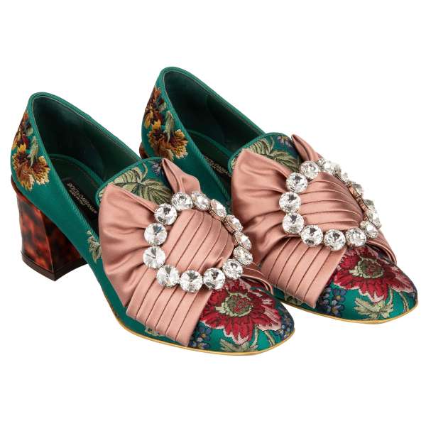 Barock Blumen Brokat Pumps VALLY mit Leopard Print Absatz und Schleifen Kristallen Brosche in Grün und Pink von DOLCE & GABBANA