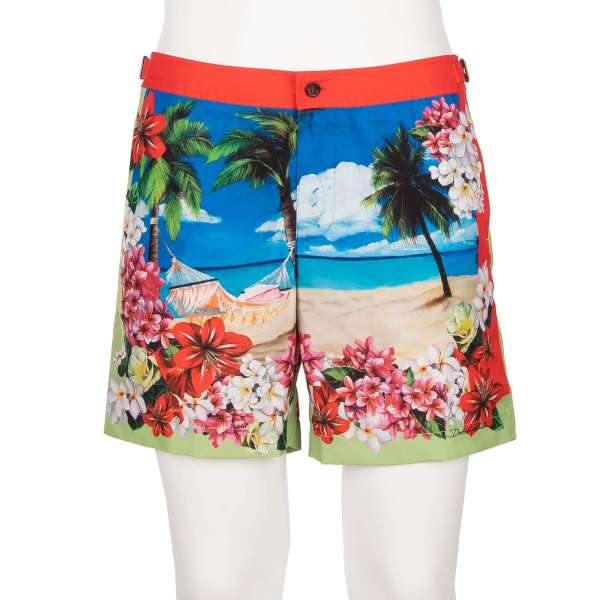 Erweiterbare Badeshorts / Badehose mit Blumen Strand Print, Logo, Innenslip und Taschen von DOLCE & GABBANA Beachwear