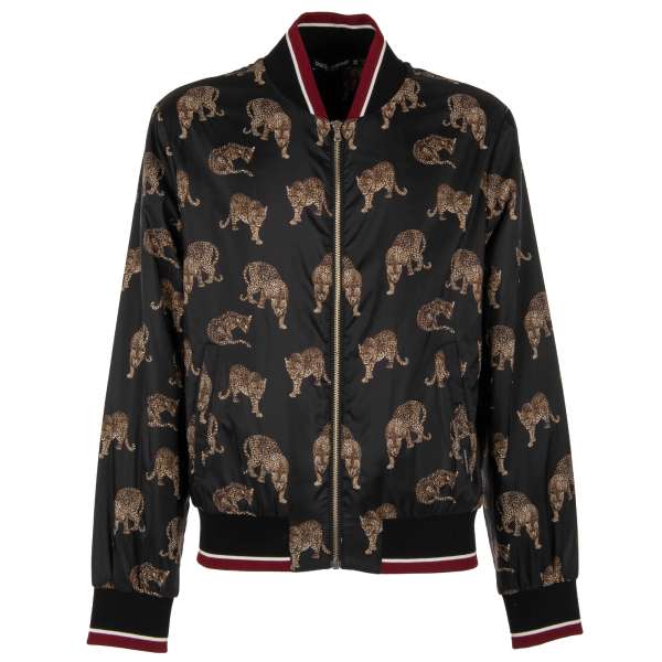 Leopards printed padded bomber jacket with pockets and knit details by DOLCE & GABBANA