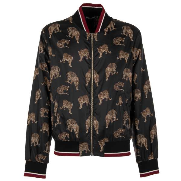 Leichte gefütterte Bomberjacke mit Leopards Print, Taschen, Strick Details und Logo von DOLCE & GABBANA