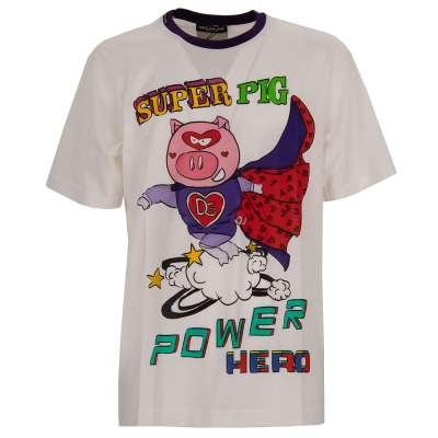 Super Pig Power Cotton T-Shirt with Logo Patch White