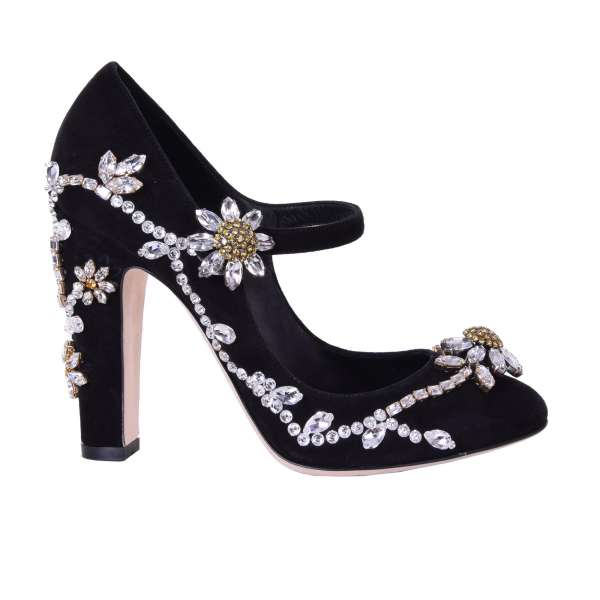 Extravagant Mary Jane Suede Pumps COCO with floral crystals embroidery by DOLCE & GABBANA Black Label