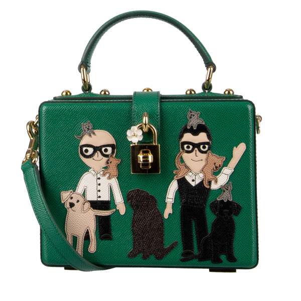Dauphine Leather shoulder bag / tote / clutch DOLCE BOX with leather patches of Domenico Dolce, Stefano Gabbana, cats and dogs and a decorative padlock by DOLCE & GABBANA