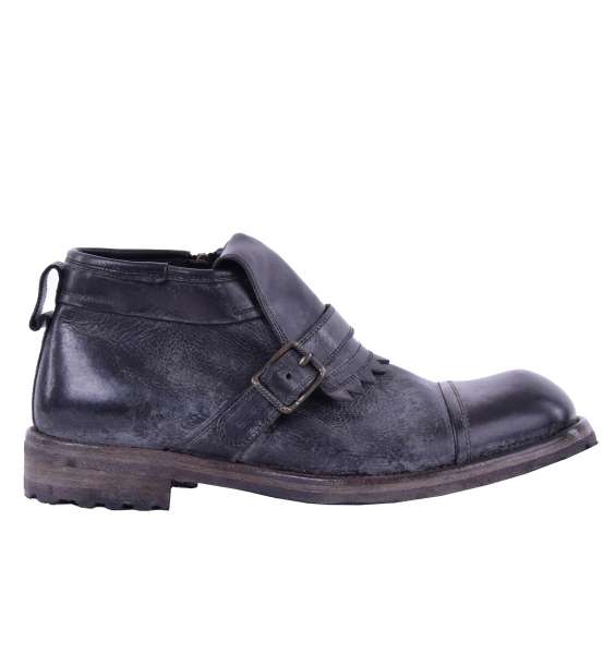 Distressed vintage style calfskin Ankle Boots SIRACUSA with zip and buckle by DOLCE & GABBANA Black Label 