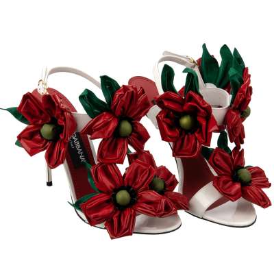 Flower Leather Straps Sandals Heels Pumps KEIRA Red White