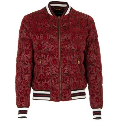 Down Bomber Jacket with Baroque Brocade Crowns Red
