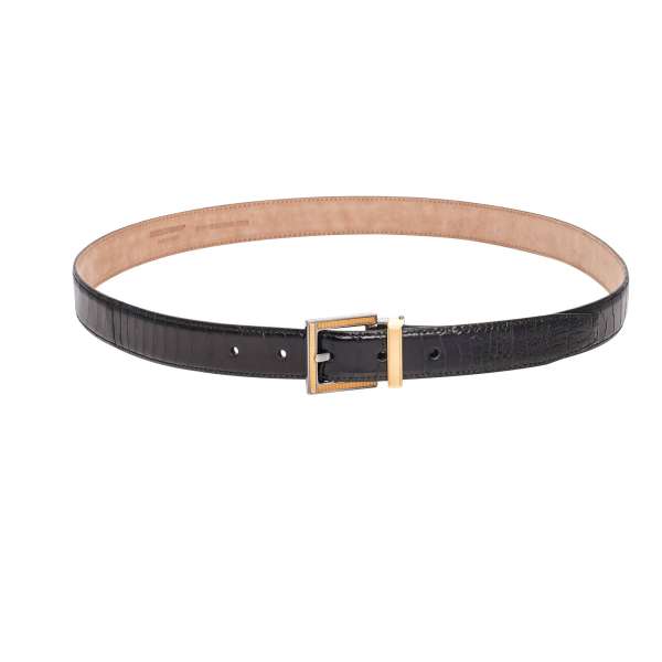 Ostrich Leather belt with metal buckle in black and gold by DOLCE & GABBANA