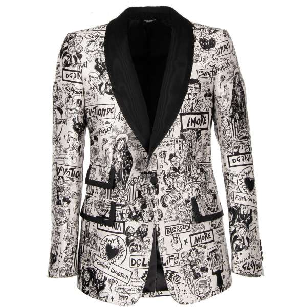 Graffiti printed silk tuxedo / blazer with contrast black moire shawl lapel and pockets by DOLCE & GABBANA