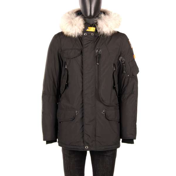 Parka / Daunenjacke RIGHT HAND LIGHT aus leichtem Polyester-Polyurethan-Popeline mit abnehmbarem Echtpelzbesatz, Kapuze, vielen Taschen und Daunenfutter in Dunkel Schwarz