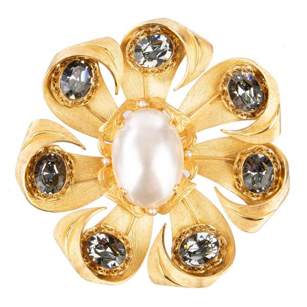 Metal Flower Brooch with artificial pearl and crystals in Gold by DOLCE & GABBANA