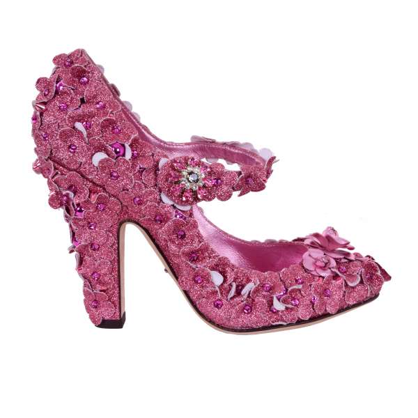 Glitzer Cinderella Mary Jane Pumps COCO aus beschichtetem Canvas mit Nieten, Kristallen und Blumen Applikationen von DOLCE & GABBANA