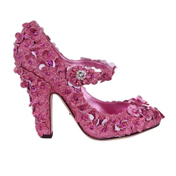 Glitter Cinderella Mary Jane Pumps COCO made of coated canvas with studs, crystals and flowers by DOLCE & GABBANA Black Label