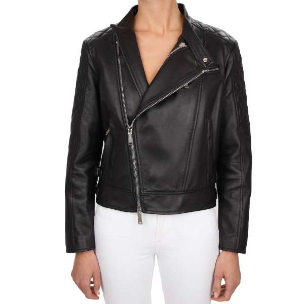 Biker Style Nappa Sheep Leather Jacket with front pockets with zip fastening and quilted shoulder area by DSQUARED2