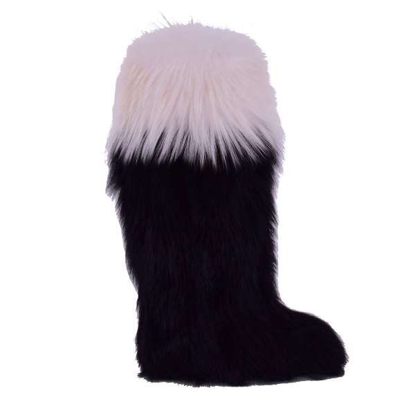 Einzigartige flache Schnee Stiefel / Snow Boots BIKER aus Fuchs Pelz in Schwarz / Weiß von DOLCE & GABBANA Black Label