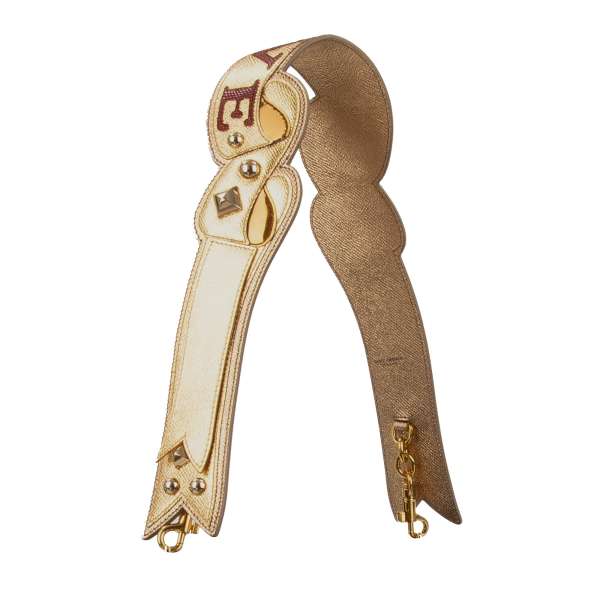 LOVE Ribbon Form Dauphine leather bag Strap / Handle with metal studs in gold by DOLCE & GABBANA