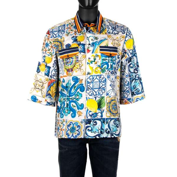 Oversize Cotton shirt with Majolica Print in blue, orange and white and by DOLCE & GABBANA