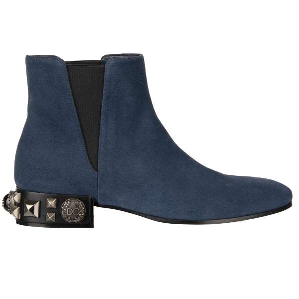 Suede Leather Boots NAPOLI with metal studs and DG pearl Logo in blue by DOLCE & GABBANA