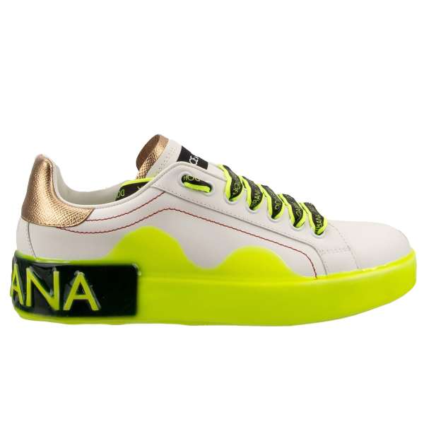 Lace Sneaker PORTOFINO with DG logo in white, neon yellow and gold by DOLCE & GABBANA