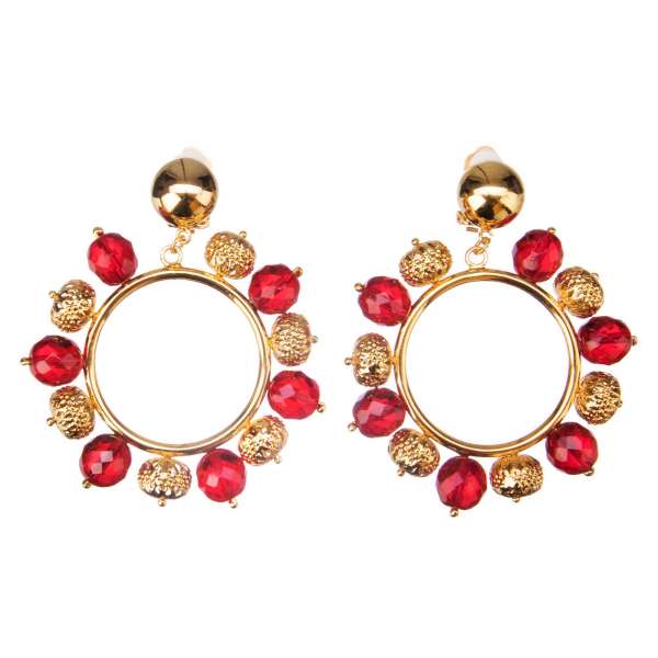 Beaded Circle Clip Earrings adorned with filigree balls in gold and red by DOLCE & GABBANA