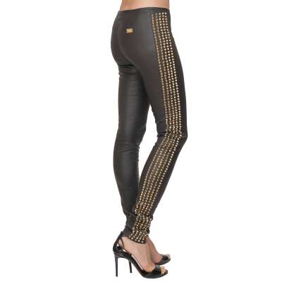 Metal Studded Logo Jeggings Leggins Pants Black Gold S