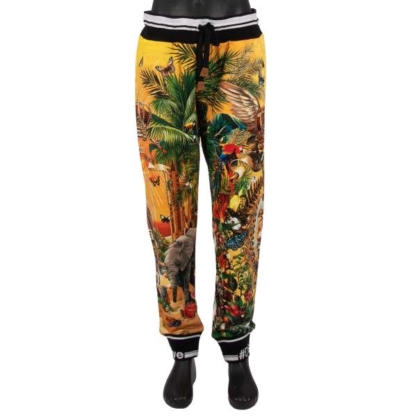 Cotton Track Pants / Joggings Pants with tropical, crown, Maria print, elastic waist and zipped pockets by DOLCE & GABBANA