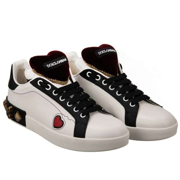 Women Leather Sneaker PORTOFINO with Studs, DG Logo Heart Cushion and Baroque elements in white, black, bordeaux and gold by DOLCE & GABBANA