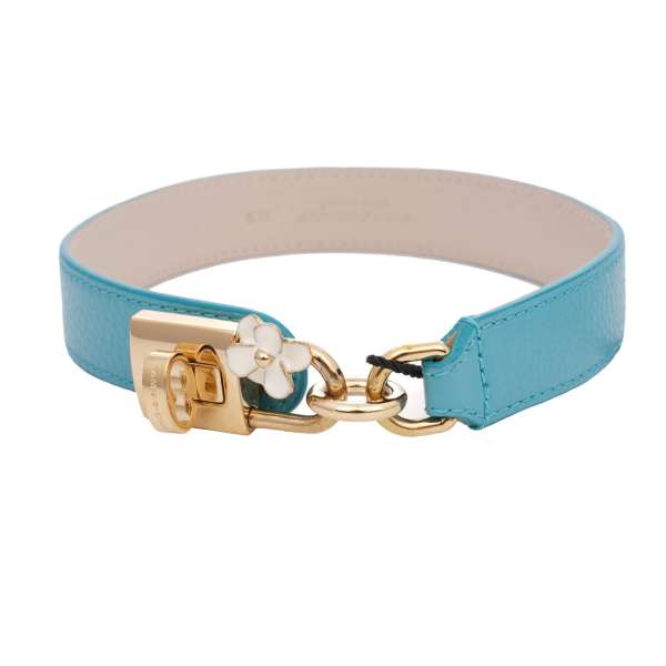 Leather bracelet embellished with DG lock pendant with flower in gold and blue by DOLCE & GABBANA