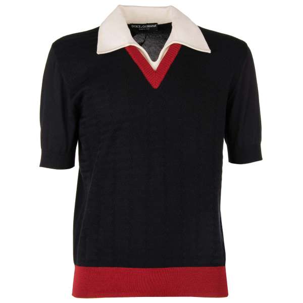 Polo Shirt aus Seide und Baumwolle Mischung mit Kontrast Kragen in Weiß, Blau und Rot von DOLCE & GABBANA